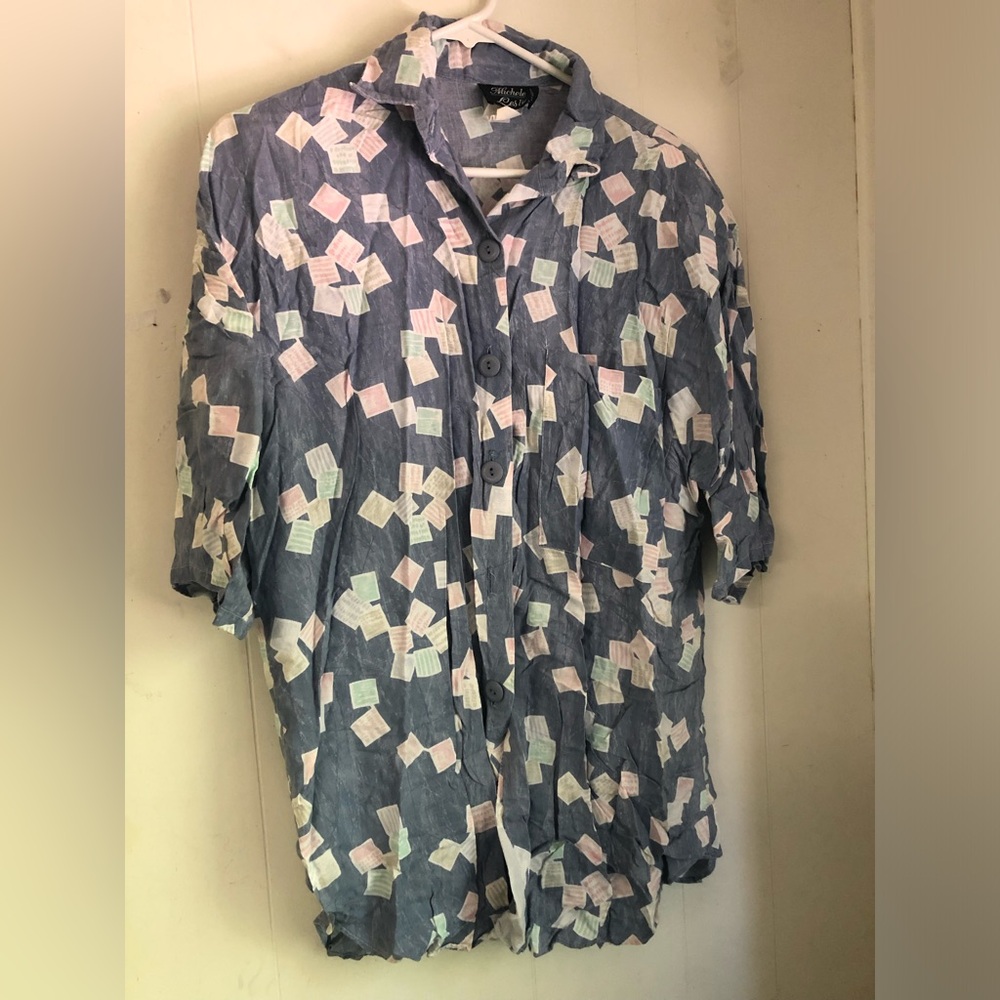 Michele Leslie Shirt Womens Large Purple Button Down Rayon Square Pattern READ